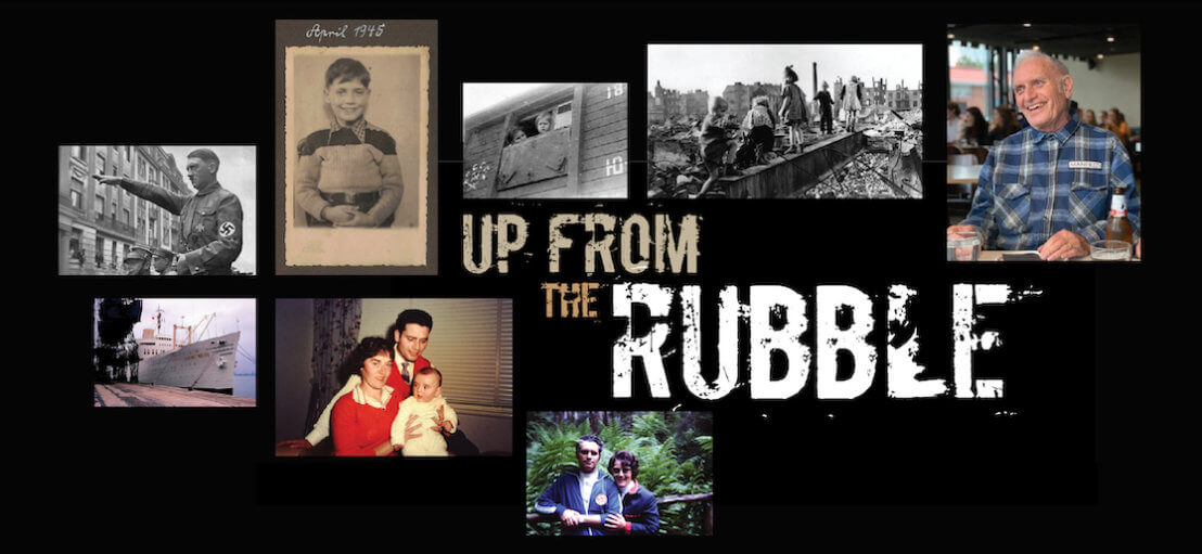Collage of family images. Text reads Up from the rubble. Cover art for SAE student Podcast, Up From the Rubble.